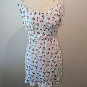Abercrombie & Fitch White Cherry Mini Dress Ruffle Hem Bow XL FLAW Coquette